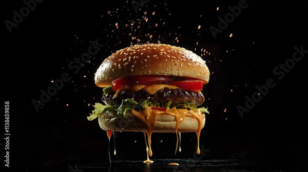 Fototapeta  A spectacular hamburger falling through the air.