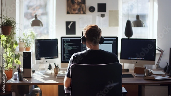 Fototapeta  Programmer at a computer in a cozy home office.