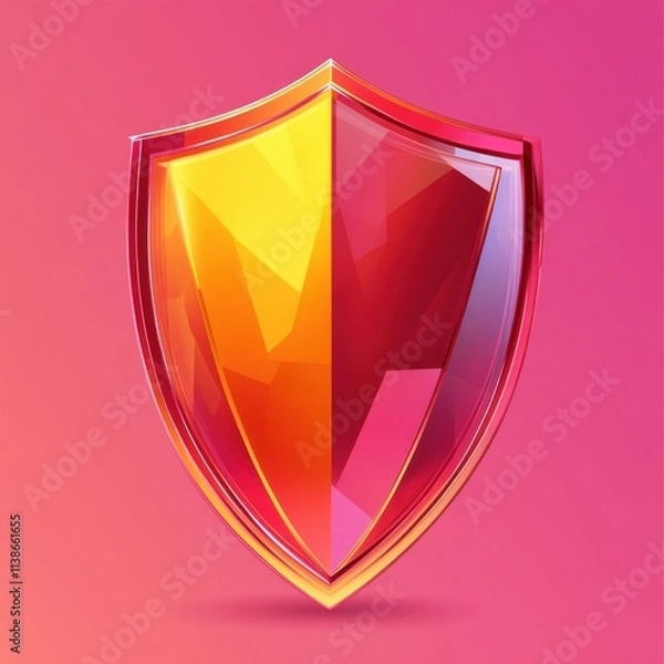 Fototapeta A vibrant, modern shield icon with a gradient of yellow and red against a pink background, symbolizing protection and security.