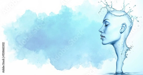 Fototapeta Watercolor Portrait Woman's Face with Water Drops and Splashes on a Blue Background with Copy Space
