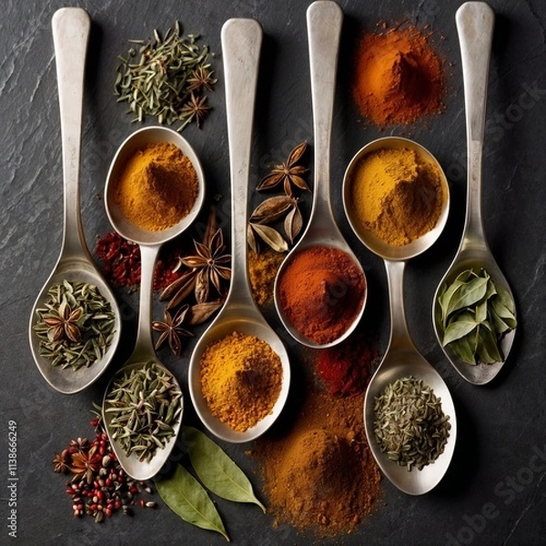 Obraz spices and herbs on a wooden table