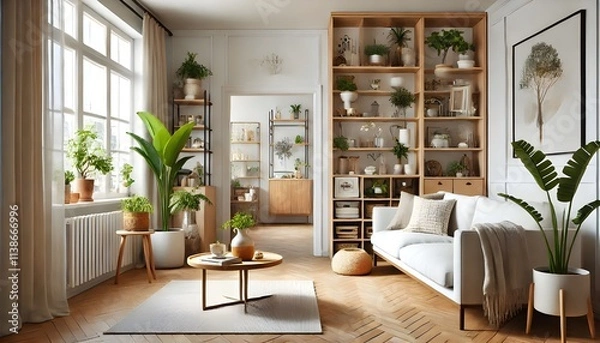 Fototapeta Lush Bookshelf and White Armchair