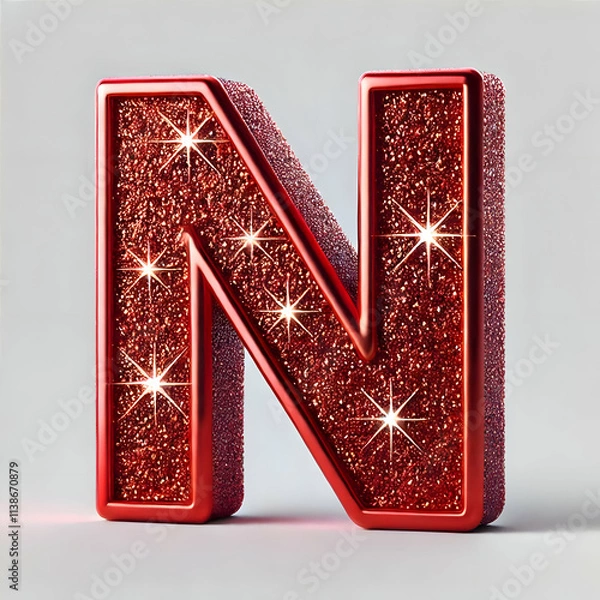Fototapeta red 3d letter n in glitter texture isolated on white background