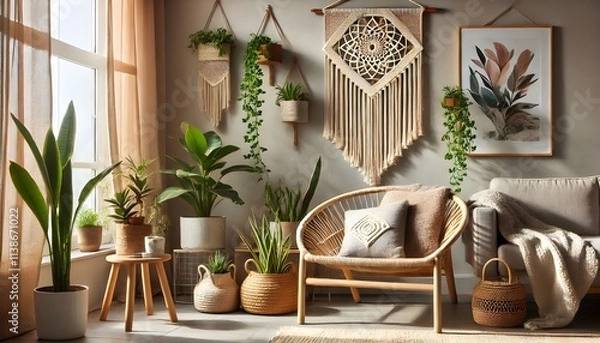 Fototapeta Bohemian Retreat with Macramé and Greenery