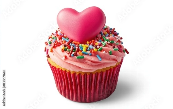 Obraz A Valentines Day cupcake with a heart-shaped fondant topper, vibrant pink frosting, and colorful sprinkles, on a clean white background