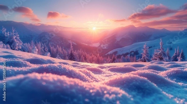 Fototapeta Winter landscape at sunset with a snowy mountain range and a valley surrounded by evergreen trees covered with frost. The sun casts a warm pink light on soft snowdrifts.