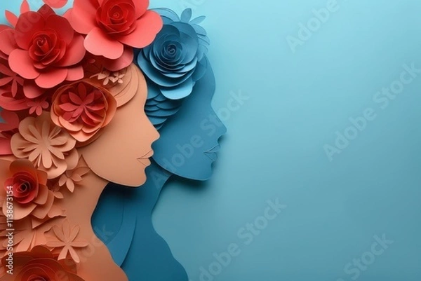 Fototapeta A banner featuring two women in profile on a blue background, designed in a paper cut style.