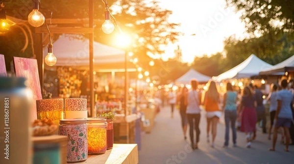 Obraz Vibrant Summer Evening at a Pop-Up Market with Stalls and Shoppers
