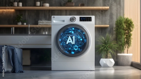Fototapeta Smart washing machine suggesting optimal washing cycles via AI