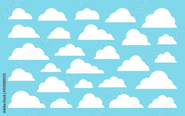 Fototapeta White fluffy clouds silhouettes on bright light blue sky. Cartoon puffy soft round vapor edges, float cloud various sizes minimalistic clear simple flat mist shapes, calm drift fog atmosphere