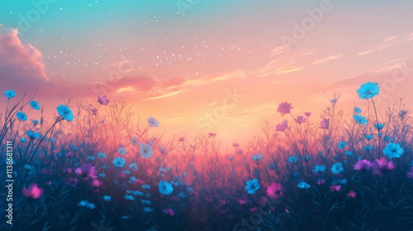 Fototapeta A dreamlike meadow filled with oversized, bioluminescent flowers in shades of electric blue, vivid magenta, and soft lavender, with a sky painted in gradients of peach and turquoise 