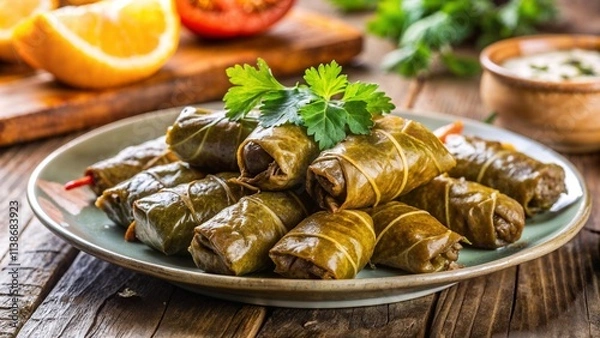 Fototapeta Traditional dolma wrapped in grape leaves served with parsley garnish