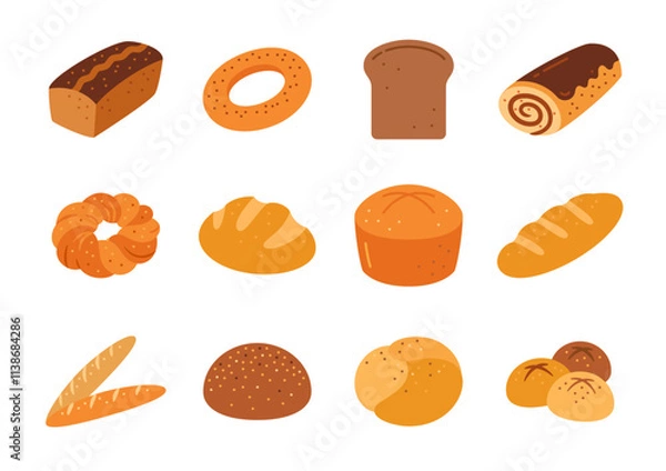 Obraz Bread pastry bakery flat set, organic baked goods, rye, wheat, whole grain, farmhouse brown white loaf, baked whole grain healthy rustic breakfast, burger bun, french baguette, sweet roll with filling