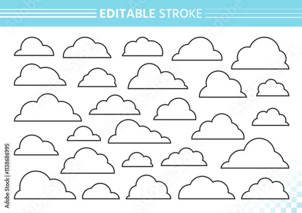 Obraz Outline clouds set drawn with black editable stroke and white fill. Cloudy shapes, simple contour rounded fluffy forms. Thin line cartoon soft cloud floating silhouettes. Clean airy smooth doodles