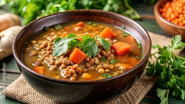 Fototapeta Hearty lentil soup with carrots, parsley, and a flavorful broth