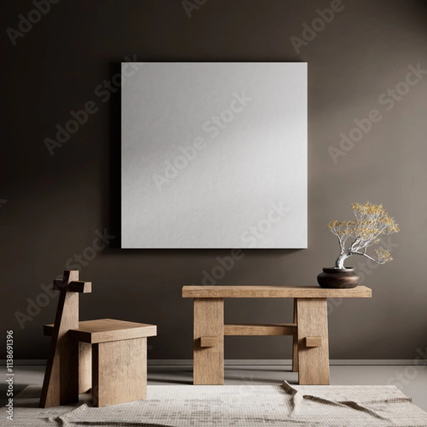 Fototapeta Japanese style interior design with wooden furnitures and raw materials. Mocuk up poster frame in  Japandi style interior. 3D illustration