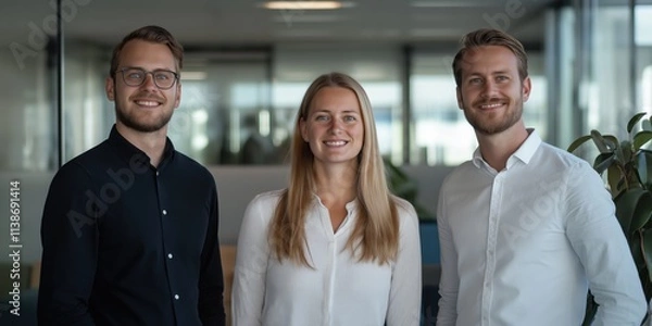 Fototapeta Three colleagues in a modern office pose for a group photo, conveying teamwork and a positive work atmosphere.