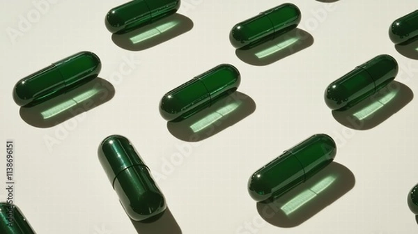 Fototapeta Green capsules aligned on light background with shadows. Health supplements.