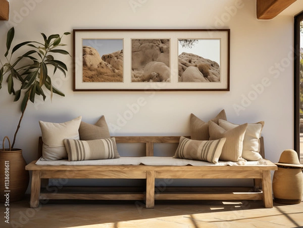 Fototapeta rustic interior, natural wood bench with photo frames on the wall.