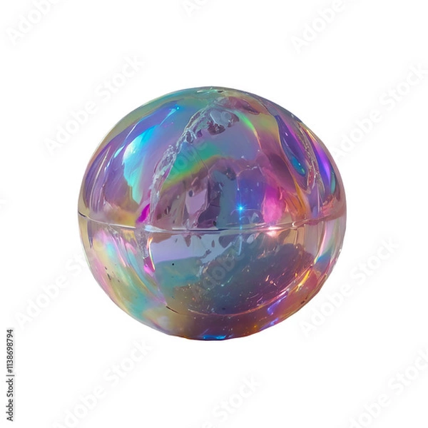 Fototapeta 3D chrome element in Y2K style, isolated background, liquid holographic metal. Colorful ball with a rainbow pattern, made of glass, shiny surface.