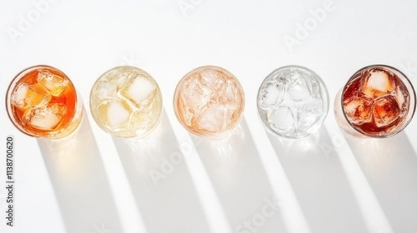 Fototapeta Five glasses of iced drinks, in various colors, on a white surface.