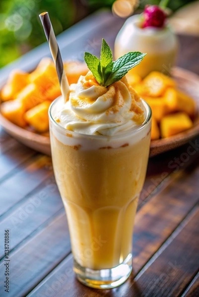Fototapeta mango milkshake with whipped cream and mint with fresh mango cubes in the background.