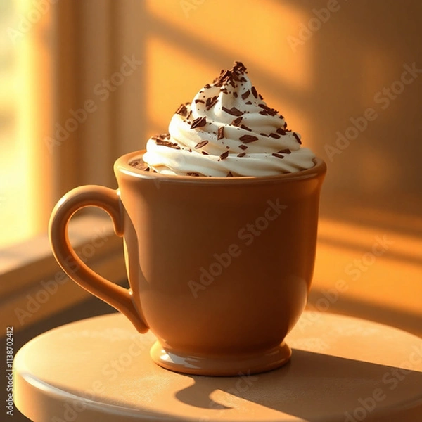 Obraz Hot Chocolate Drink with Whipped Cream closeup with chocolate shavings with a window to the side with morning sunshine streaming through.  Invites one to sip this warm cozy drink beverage.  AI generat