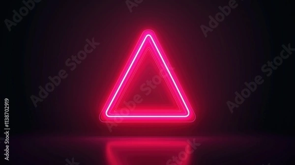 Fototapeta Neon pink triangular warning sign on black background. Safety and attention concept