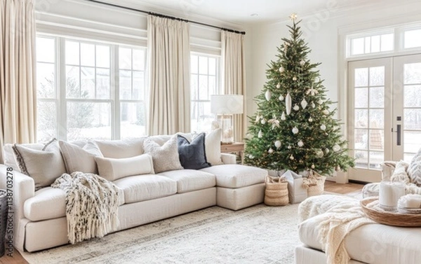 Fototapeta Bright and spacious living room with a delicate green Christmas tree, subtle ribbons and baubles, and a cozy throw blanket on the sofa