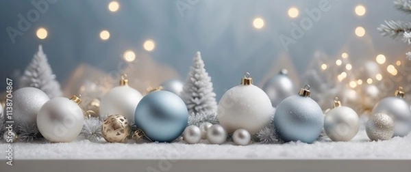 Fototapeta Świąteczna aranżacja srebrnych i złotych bombek z małymi białymi choinkami na tle śnieżnego tła z delikatnym efektem bokeh.
