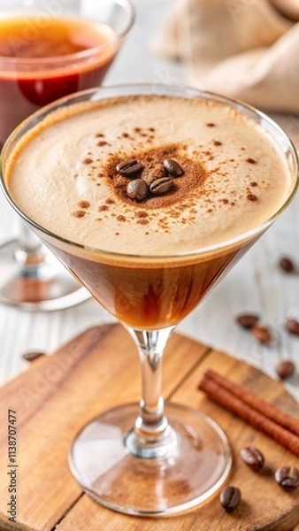 Fototapeta Espresso martini with frothy top, coffee beans, and cinnamon for a cozy and inviting presentation.
