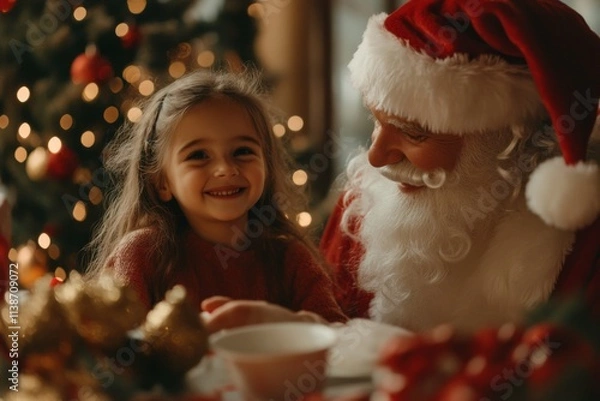 Fototapeta Joyful Santa Claus and little girl enjoying Christmas together with festive decorations