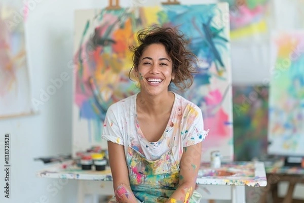 Fototapeta Cheerful artist in studio, smiling woman surrounded by colorful paintings, creative workspace, artistic expression, joyful mood, high-resolution portrait of a female painter

