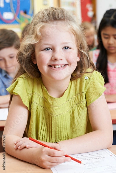 Obraz Portrait Of Female Elementary School Pupil Working At Desk