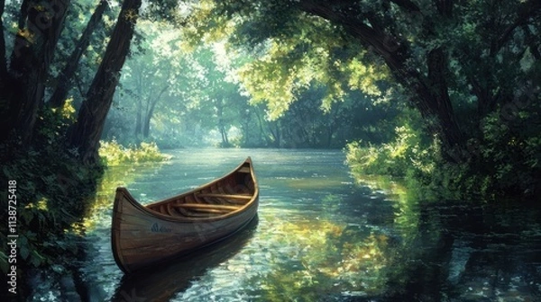 Fototapeta Serene canoe on calm river in lush forest.