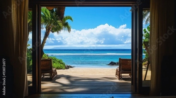 Fototapeta Tropical beach view from open doors. (1)
