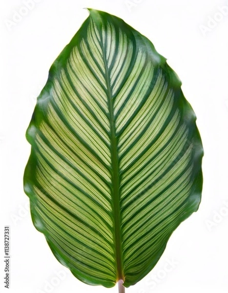 Fototapeta Vibrant green calathea orbifolia leaf isolated on white, displaying intricate striped pattern and full depth of field
