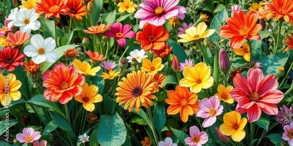 Fototapeta Colorful watercolor illustration of various flowers including roses, tulips, and daisies, garden, colorful, art