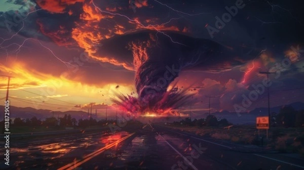Fototapeta Thunderstorm, tornado, dramatic sky, vivid colors, stormy weather, ominous clouds, road view A breathtaking scene showcasing a powerful tornado emerging from dark, swirling clouds at sunset