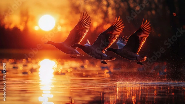 Obraz A flock of birds soaring across the sky, silhouetted against the fiery red and orange of the setting sun, the warm light reflecting off their wings as they fly west."