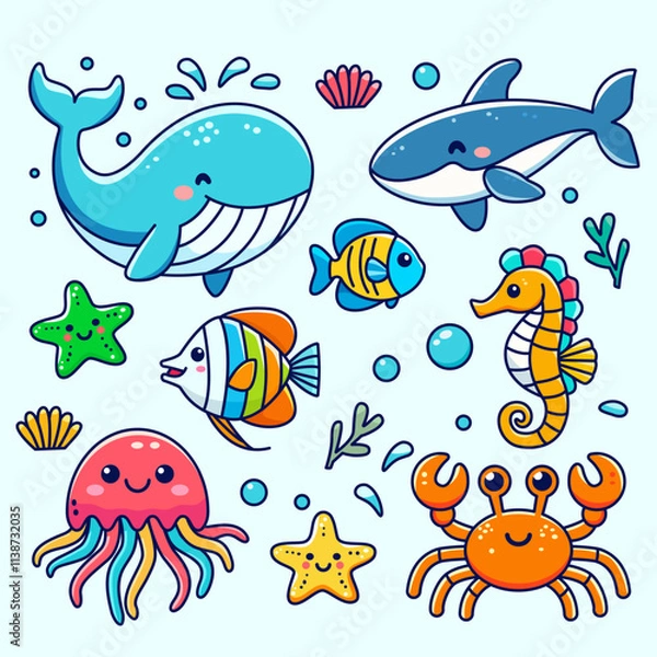 Fototapeta Set of sea animals in children's cartoon style isolated on white background