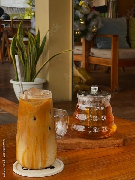 Fototapeta Iced coffee and tea on a wooden table