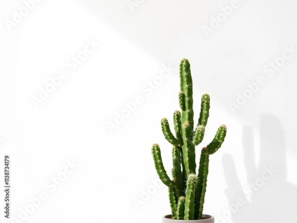 Fototapeta Realistic shadow effect of a cactus plant casting a shadow on a white background, white background, natural, effect
