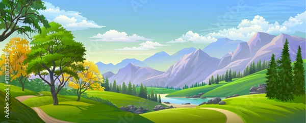 Fototapeta A Breathtaking View of Serene Green Hills, Flowing Rivers, and Majestic Mountains Under a Cloudy Sky