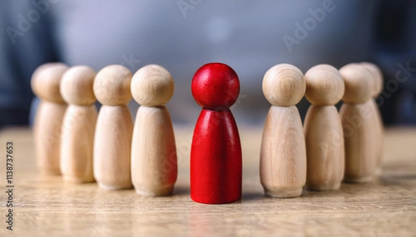Fototapeta Wooden figurines with one red piece standing out in the center. Uniqueness, leadership or selection
