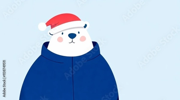Fototapeta A charming cartoon-style illustration of a polar bear wearing a Santa hat, evoking the warmth and joy of the holiday season in a simple and whimsical style.