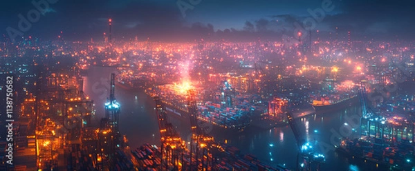 Fototapeta Nighttime view of a bustling port city illuminated by vibrant lights and activities, showcasing industrial operations and shipping operations