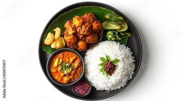 Fototapeta A top view of a Sri Lankan meal with rice, curry, and traditional sambols served in plates, all set on a white background with a clipping path