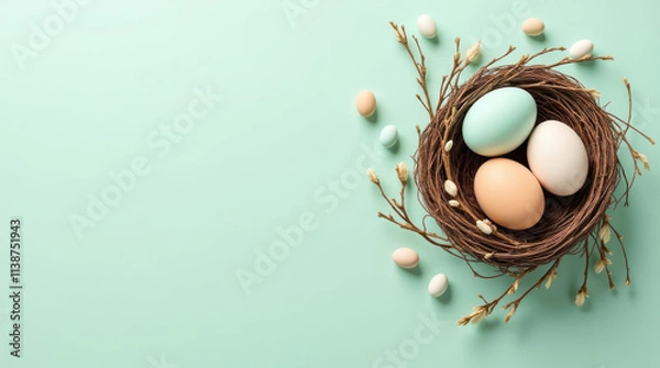 Fototapeta Nest With Three Eggs and Pussy Willow Branches on Pastel Mint Backdrop