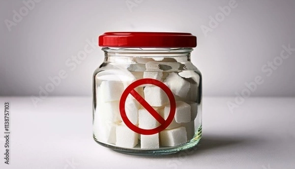 Fototapeta glass jar filled with sugar cubes displaying a contradictory no sugar sign on white background healthy eating concept